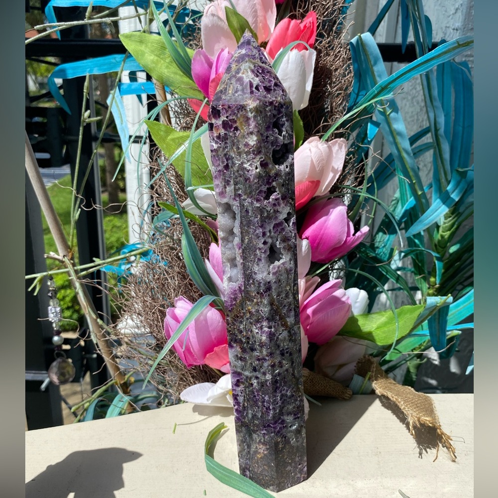 12” Sugar Druzy Sphalerite & Purple Fluorite Tower - Picture 3 of 14